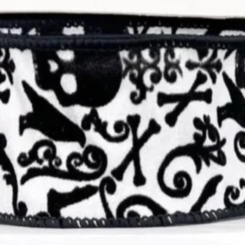 Halloween Black & White Skull, Crow & Cross Bones Flocked Dupioni Ribbon Crafts